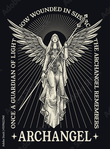 Illustration of Majestic Archangel with Spear and Radiant Light