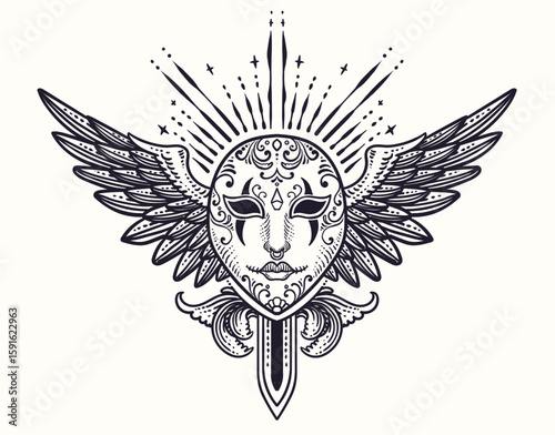 Illustration of Mystical Winged Mask with Radiant Light