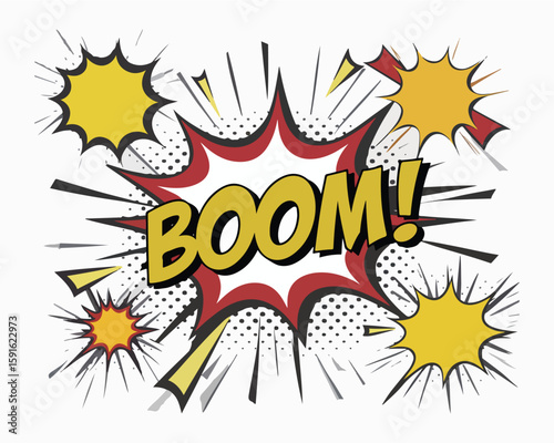 Comic book style image featuring the word boom in yellow with a red and black explosion design