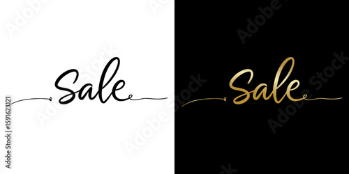 "Sale" text in elegant script, line inscription, isolated vector image, two design variants - on transparent and black backgrounds
