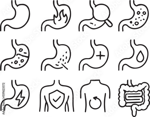 Stomach health icons with digestive system and body outline
