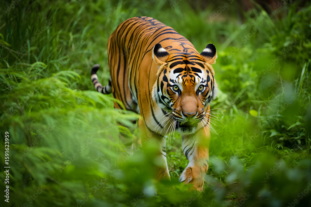 Obraz premium A majestic Bengal tiger, a striped big cat, rests in the wild grass