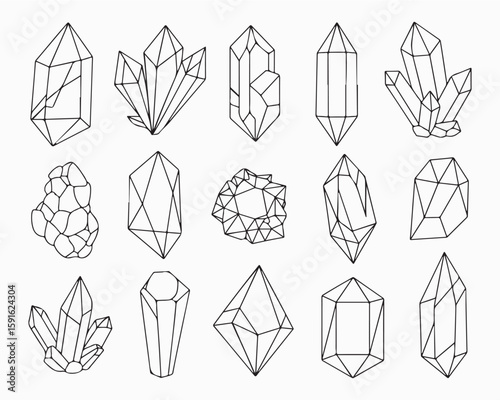 Collection of various crystal formations in black and white outline on a white background design