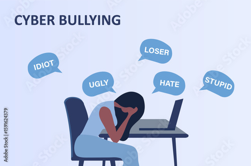 Stop bullying and cyber bullying concept, depressed woman suffering with negative criticism, and online hate speech vector illustration

