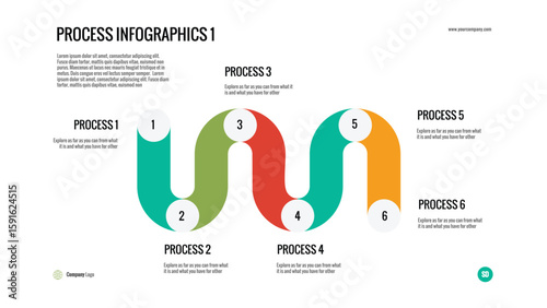 Process Infographic: Wavy timeline template to illustrate a 6-step process or complex workflow. Ideal for engaging business and educational presentations