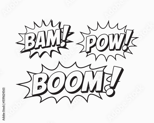 Three comic book style speech bubbles with bam pow and boom text on a white background illustration
