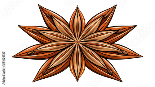 Star anise with symmetrical points sits elegantly on a clean white backdrop. Rich brown color and unique shape bring out exotic spice vibes for a festive or herbal vector artwork.