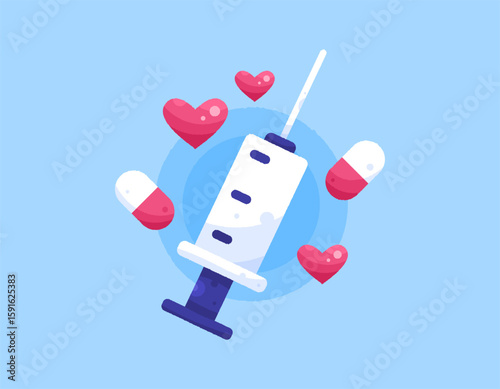 The concept of injectable drugs. Vaccines and antibiotics. Drugs are given by injection. Illustration of an injection with a capsule and a heart symbol. Flat design. Textured. Blue background. Element