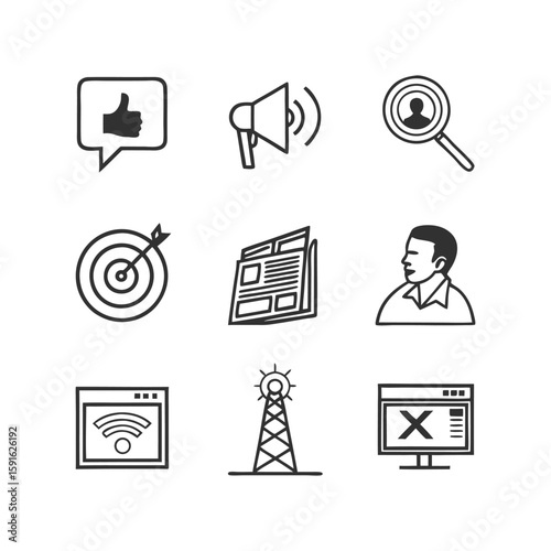 Collection of nine modern flat design icons representing business and technology concepts