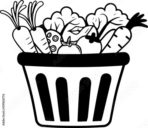 Fruit and vegetables in a basket, SVG with clean lines.Fresh Organic Vegetables in a Basket for Healthy Eating