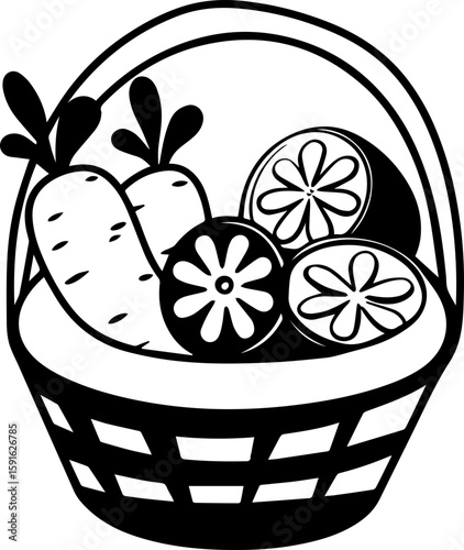 Fruit and vegetables in a basket, SVG with clean lines.Hand-Drawn Basket with Fresh Vegetables and Fruits