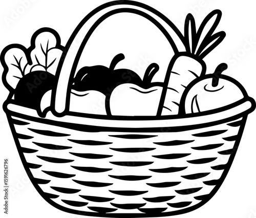 Fruit and vegetables in a basket, SVG with clean lines.Hand-Drawn Basket with Fresh Vegetables and Fruits