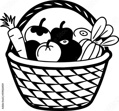 Fruit and vegetables in a basket, SVG with clean lines.Black and White Illustration of a Fruit and Vegetable Basket