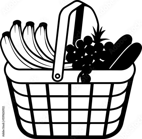 Fruit and vegetables in a basket, SVG with clean lines.Black and White Illustration of a Fruit Basket with Bananas