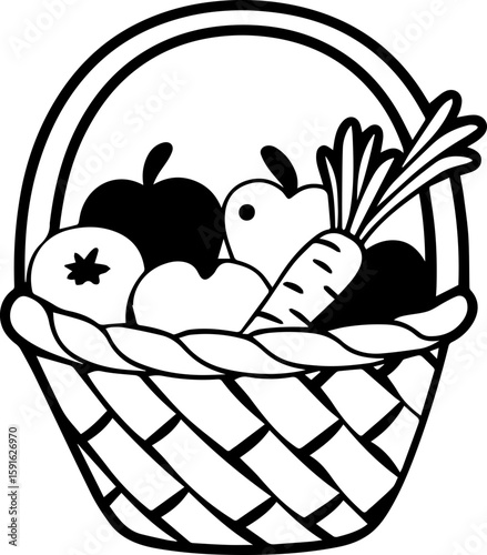 Fruit and vegetables in a basket, SVG with clean lines.Fresh Fruit and Vegetable Basket Filled with Goodness