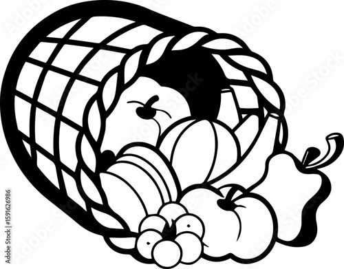 Fruit and vegetables in a basket, SVG with clean lines.Fresh Produce Basket with Assorted Fruits and Vegetables