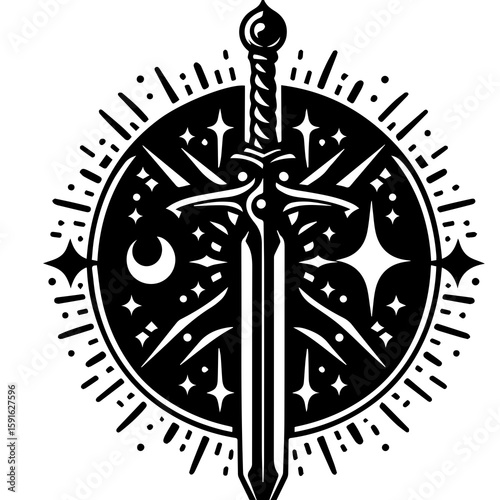 A mystical black and white illustration of a sword piercing a celestial sunburst with stars and a crescent moon