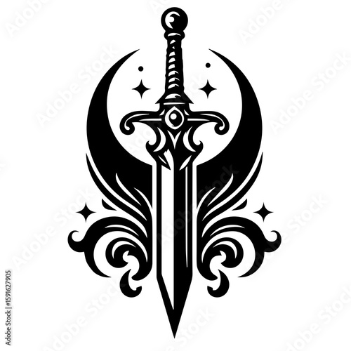 An ornate sword with a crescent moon and stars symbolizes fantasy and power