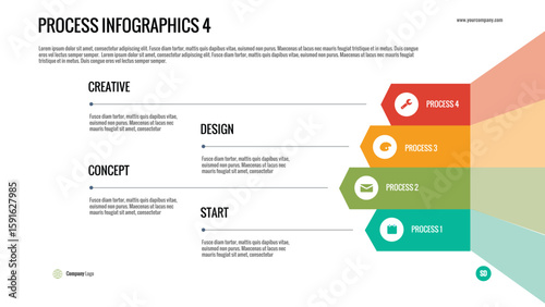 Process Infographic Timeline: Engaging 4-step horizontal template for illustrating linear processes, project phases, or creative workflows