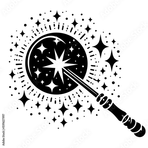 A magical wand emitting a burst of stars and sparkles, symbolizing enchantment and fantasy