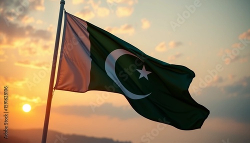 Realistic illustration of a fluttering pakistani flag at sunset for pakistan day
