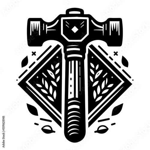 A stylized black and white illustration of a hammer with a decorative emblem