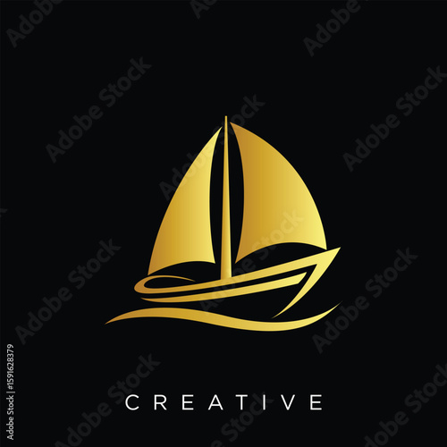 Elegant Golden Sailing Boat Vector Logo on Black