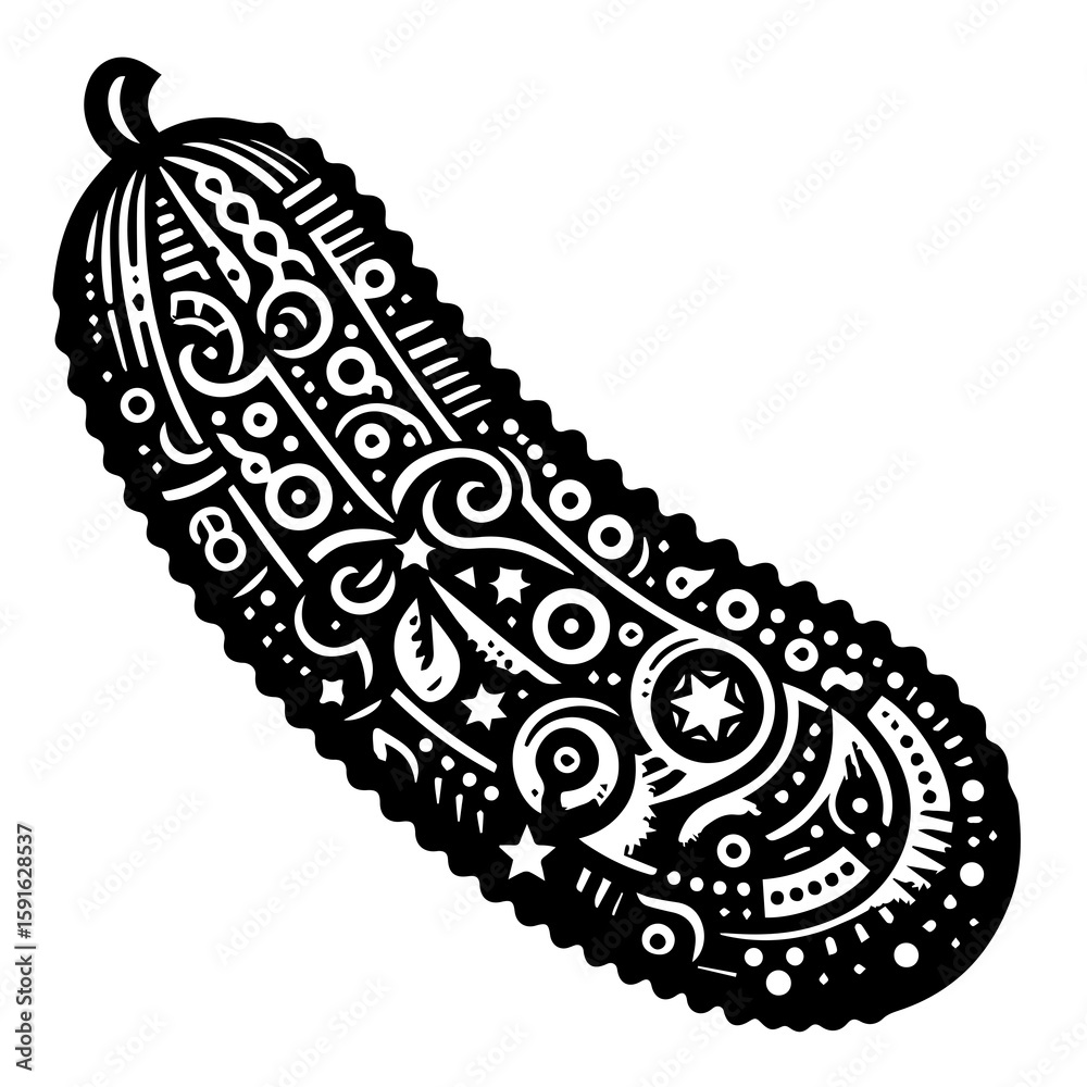 Obraz premium An artistic black and white illustration of a pickle with decorative patterns, representing a unique food item