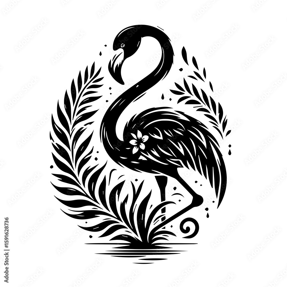 Obraz premium An elegant flamingo stands amidst lush foliage, isolated on white background