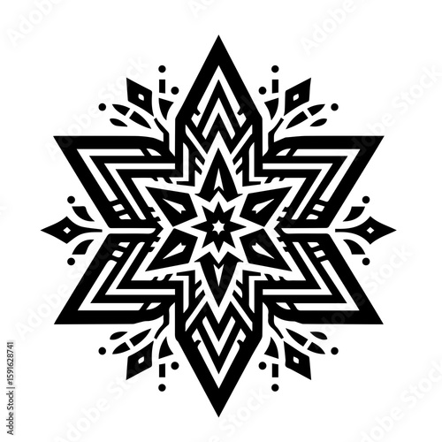 A complex geometric star pattern, resembling a snowflake, isolated on white background