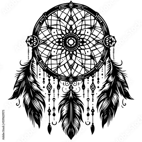 An intricate black and white dreamcatcher with detailed feathers and ornate patterns, isolated on a white background