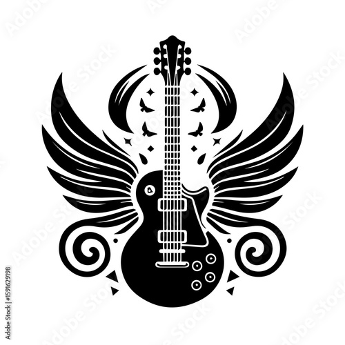 A striking black and white illustration of an electric guitar adorned with stylized wings, symbolizing music and rock and roll
