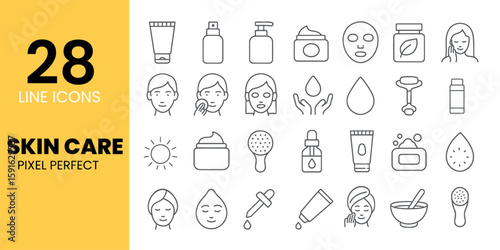 Skincare Line Icons, Pixel Perfect Beauty, Spa & Facial Care Vector Set