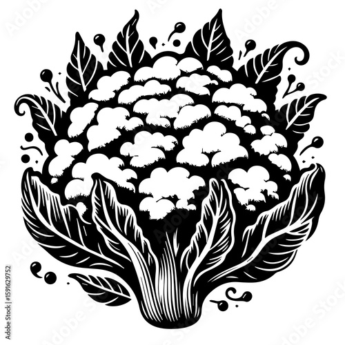 A detailed black and white illustration of a fresh cauliflower with surrounding leaves