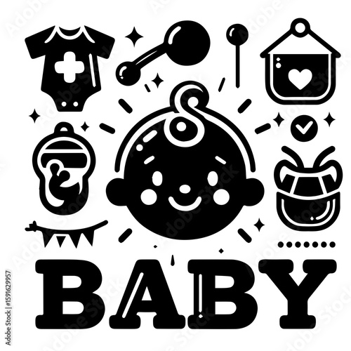 A delightful collection of babythemed icons and illustrations, celebrating new life and childhood
