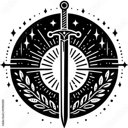 A shining sword pierces the center of a radiant sun, framed by a laurel wreath and stars