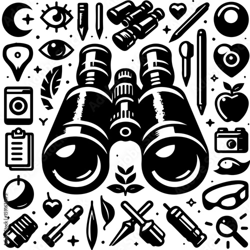 A pair of binoculars surrounded by various icons and symbols representing exploration, vision, and discovery in a detailed pattern