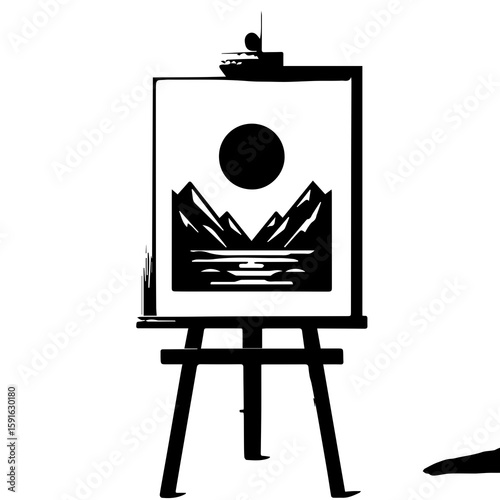 An artists easel displaying a painting of a landscape with mountains, water, and a sun, isolated on white background