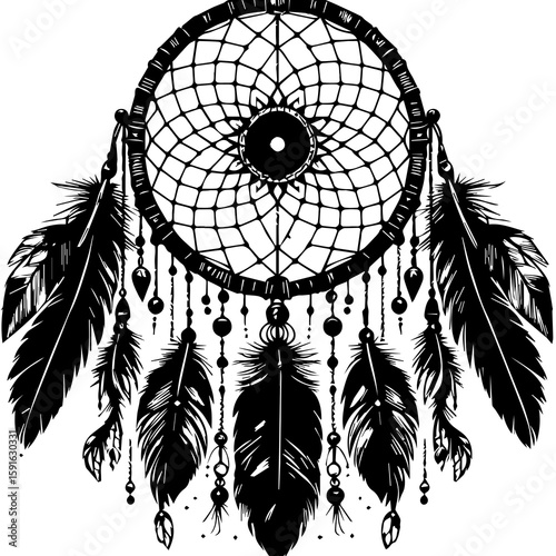 A decorative dreamcatcher with intricate weaving and dangling feathers, symbolizing protection and good dreams