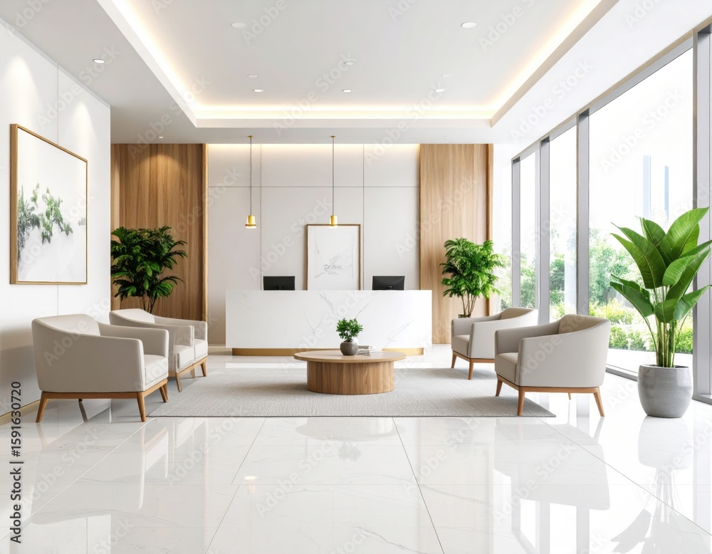 Fototapeta premium Modern reception area with white marble desk and comfortable seating