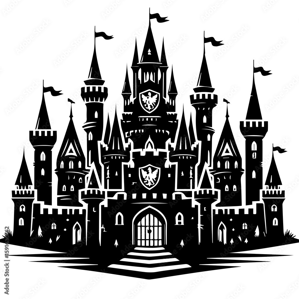 Obraz premium A majestic black and white silhouette of a grand castle with multiple towers and flags, evoking fantasy and royalty