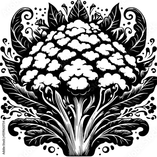 An ornate black and white illustration of a cauliflower head with decorative leaves and flourishes