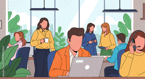 Diverse team of professionals working in a modern office, ideal for website banners or business brochures.