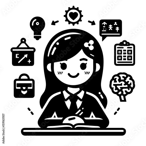 A creative illustration of a young woman surrounded by icons representing ideas, learning, and business success