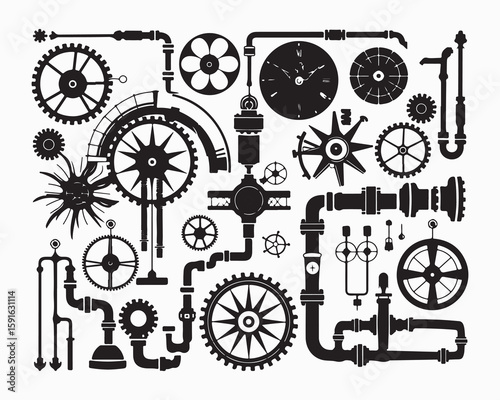 Illustration of assorted steampunk mechanical parts and elements in black and white style
