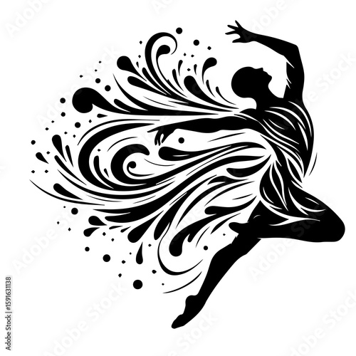 A graceful dancer is depicted in motion, with abstract swirls and splashes emanating from their form