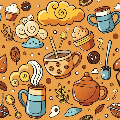 Adorable hand-drawn or doodle seamless pattern of coffee cups cupcakes teapots leaves clouds and other elements.