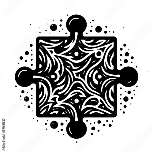 An abstract black and white illustration of a puzzle piece with intricate swirling patterns and decorative dots