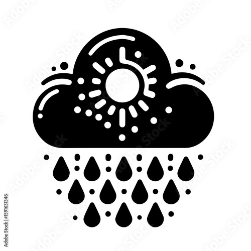 A black and white illustration depicting a cloud with a sun behind it, raining drops below
