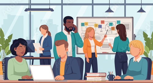 Diverse team collaborating on a project in a modern office, perfect for website banners or brochures.